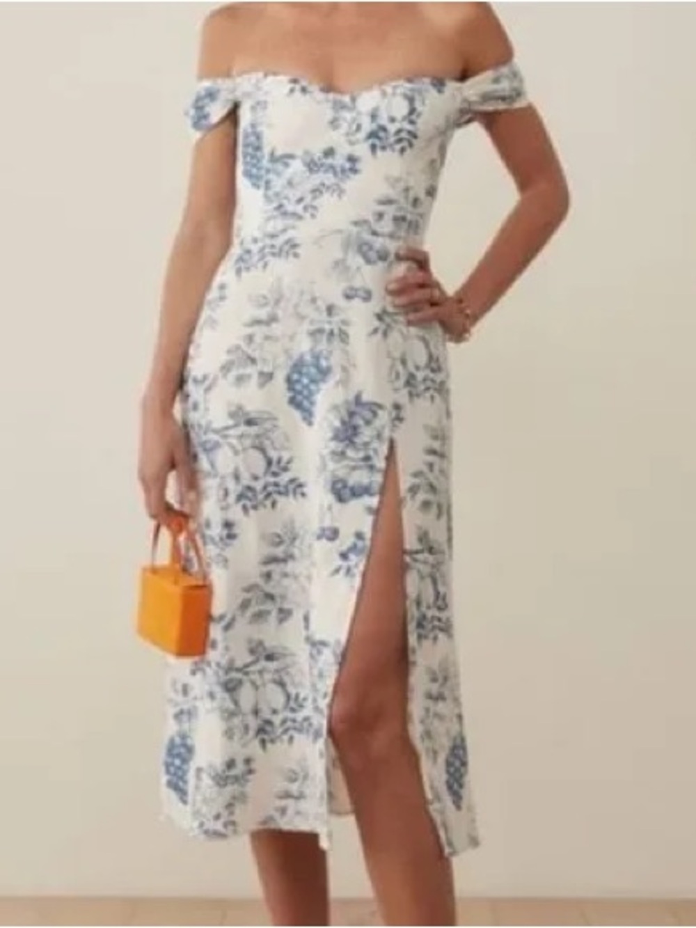 Reformation White Off-Shoulder Floral Midi Dress with Blue Print fits sz 0-4